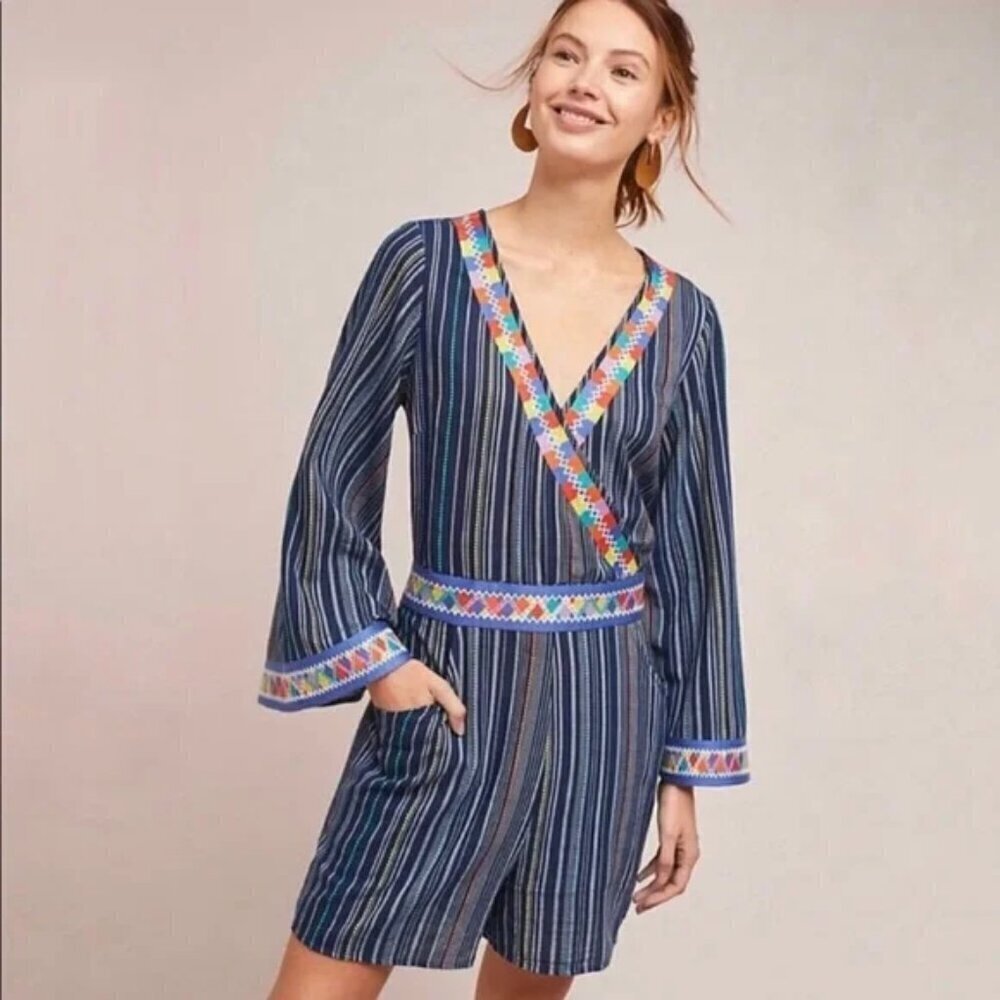 Anthropologie LAIA Nantucket Embroidered Romper Size Medium Striped Boho Blue